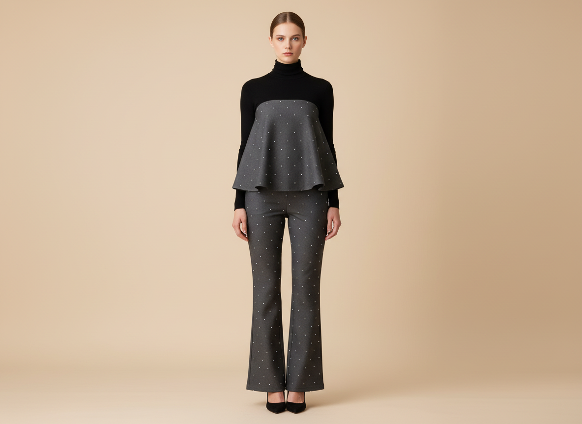 クリスタルドット ベアトップ・ペプラム & フレアパンツ セットアップ