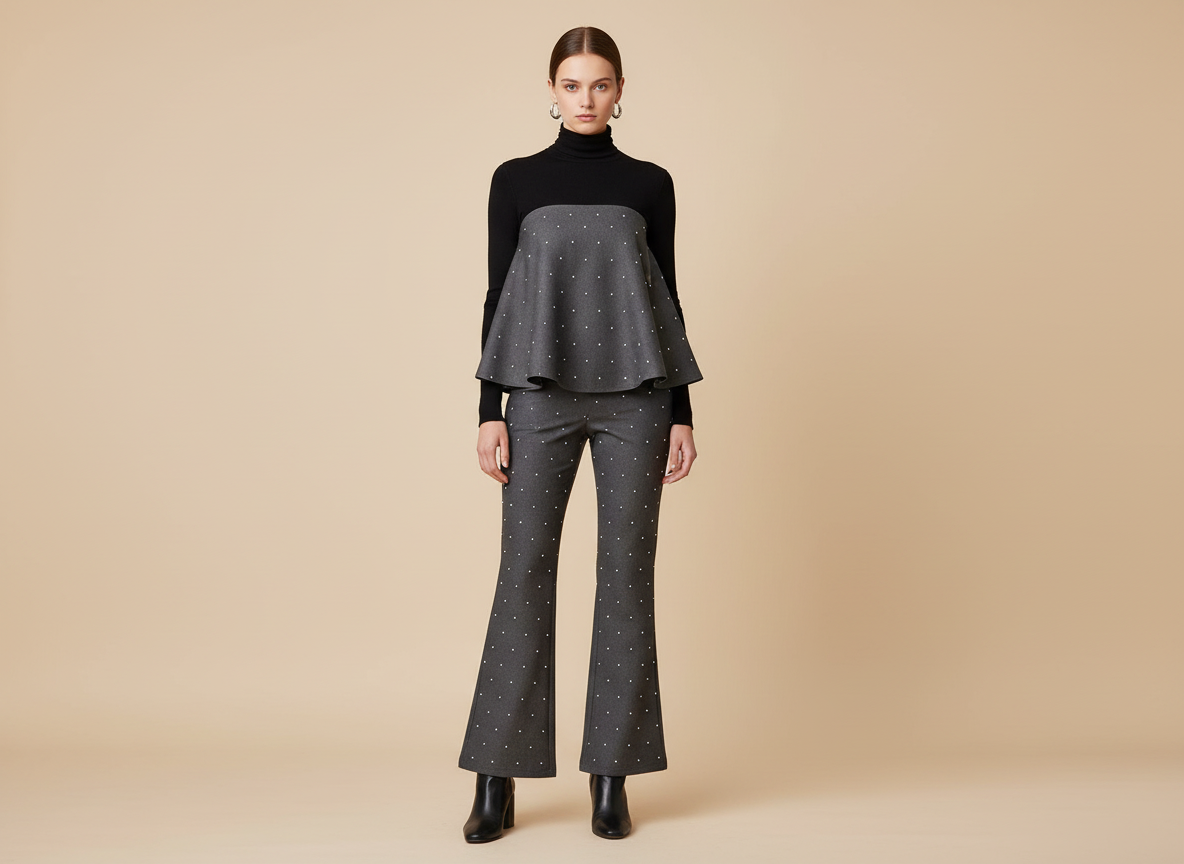 クリスタルドット ベアトップ・ペプラム & フレアパンツ セットアップ