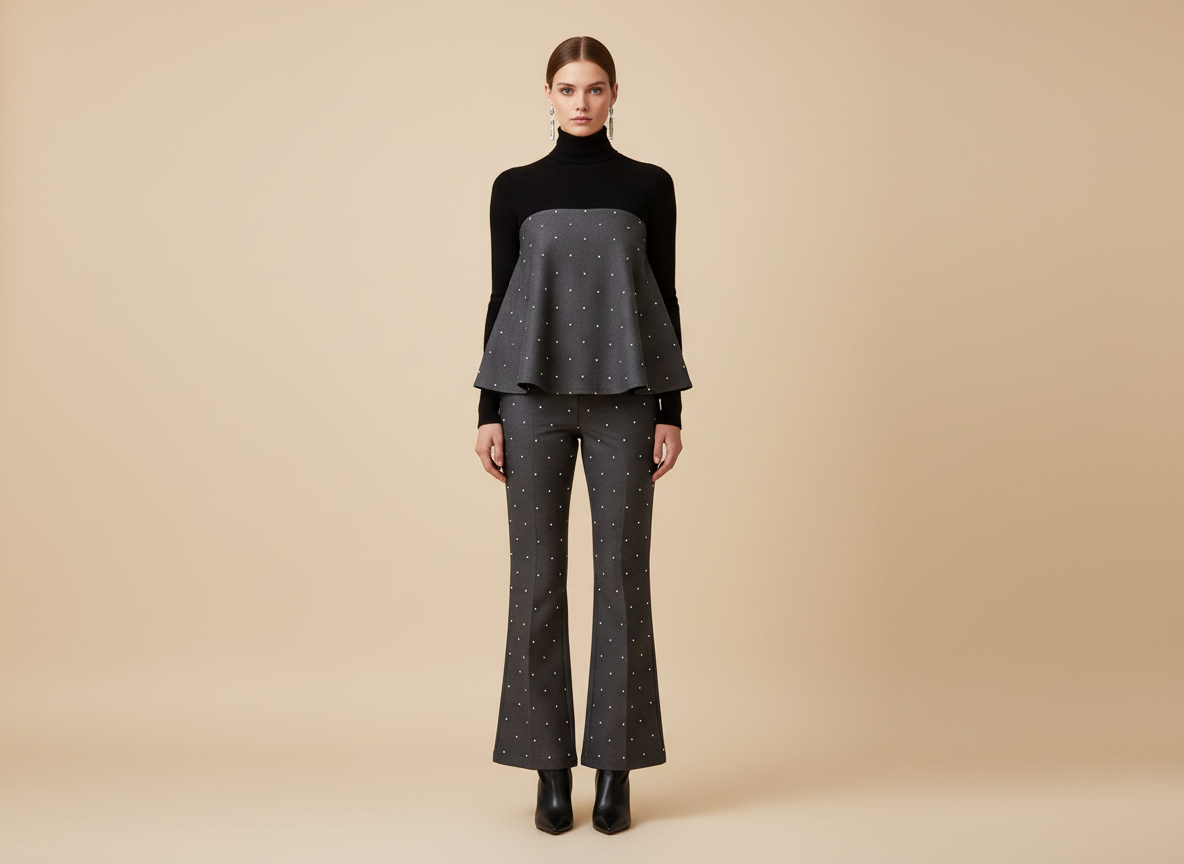 クリスタルドット ベアトップ・ペプラム & フレアパンツ セットアップ